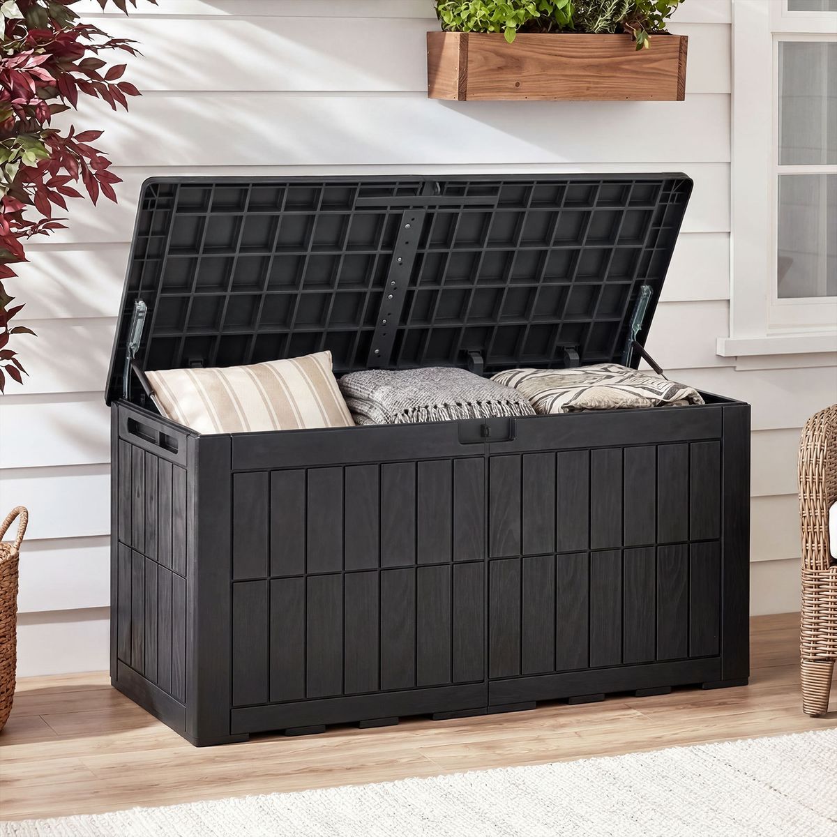 Coast Garten-Aufbewahrungsbox – 380 l Fassungsvermögen – 2-in-1-Bank und Kissenbox – schwarz