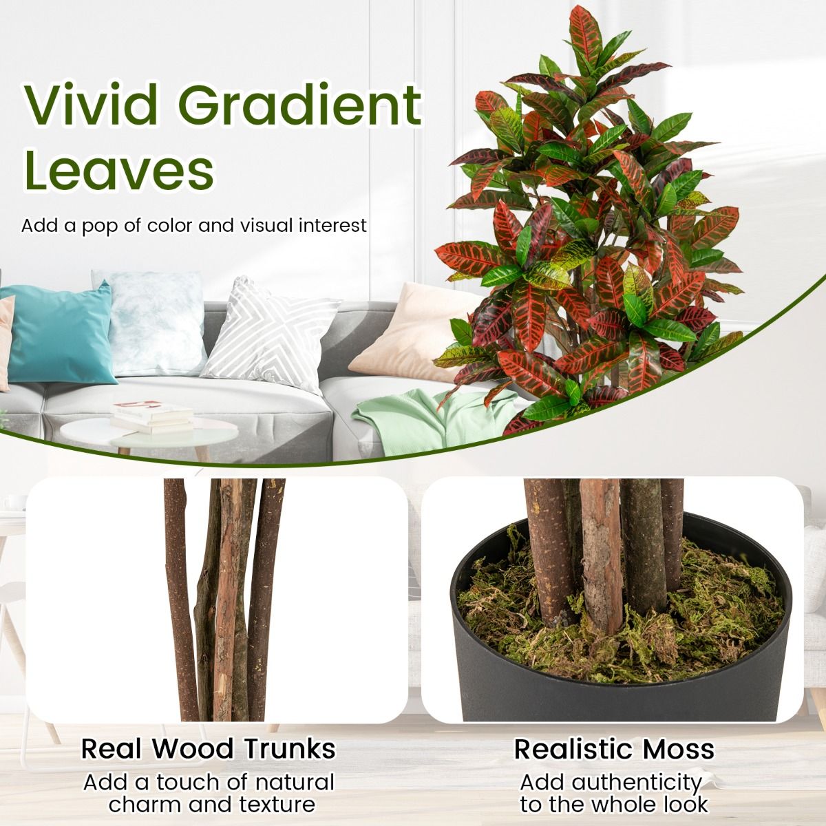 Coast Kunstpflanze Croton-Palme – Stamm aus echtem Holz – farbenfrohe Blätter – 150 cm