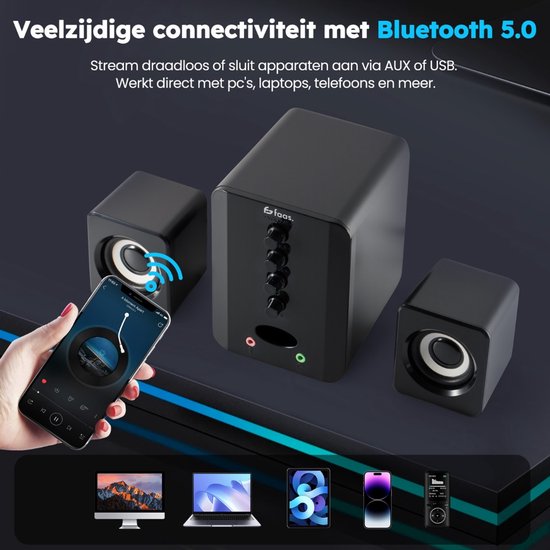 Faas - PC-Lautsprecher 2.1 - Bluetooth 5.0 - integriertes Mikrofon - USB-C & USB-A Anschluss - Stereo-Lautsprecherset - Schwarz