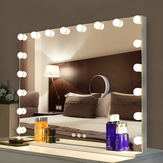Bayt Hollywood Spiegel mit Beleuchtung - Make-up Spiegel mit Beleuchtung - Spiegel mit Beleuchtung - Hollywood Spiegel 80x60 - dimmbar - 10x Vergrößerung - 80x60cm - Weiß