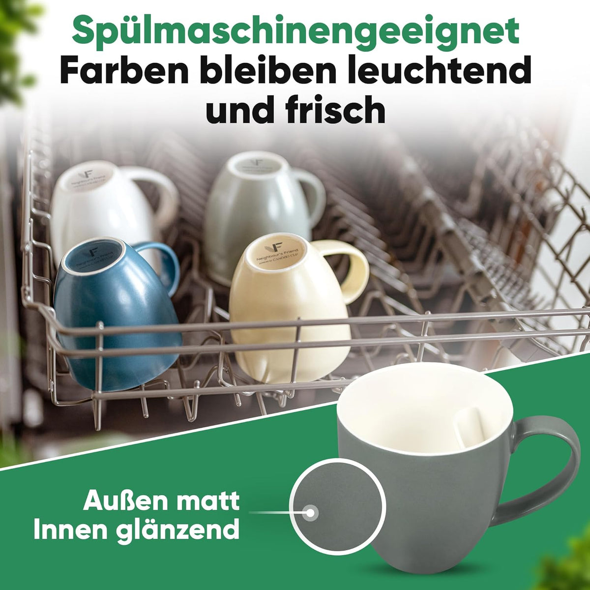 Neighbour's Friend Patentierte Teetasse grau Geschenk Box I Keramik Tasse groß 325ml I Teebecher Steingut I Keramiktasse für Tee I Spülmaschinengeeignete Teetassen I Modernes Design für Teetrinker