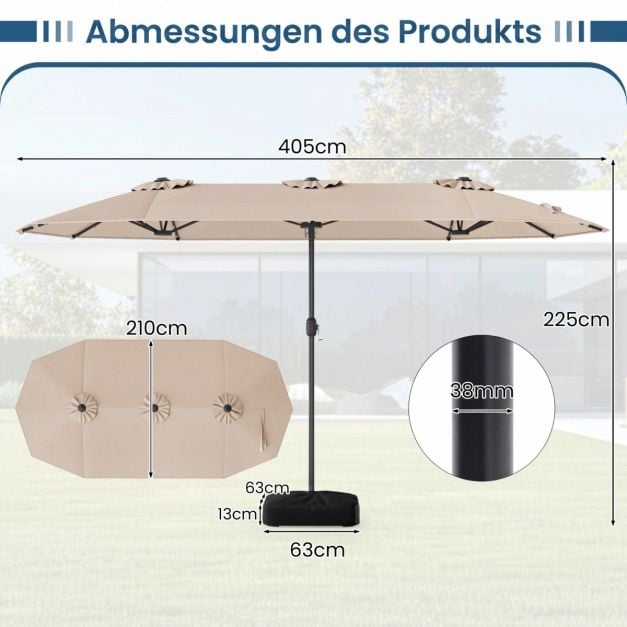 Coast Doppel-Sonnenschirm mit Ständer – Solar-LED und Sonnenschutz UPF 50+ 405 x 210 x 225 cm
