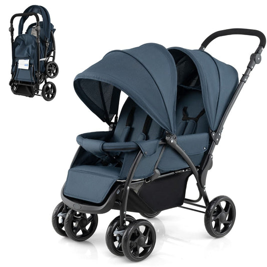 Coast Faltbarer Doppel-Kinderwagen - Blau - 123 x 57 x 95-110 cm - Verstellbare Rückenlehnen & Schiebegriffe - 5-Punkt-Sicherheitsgurte