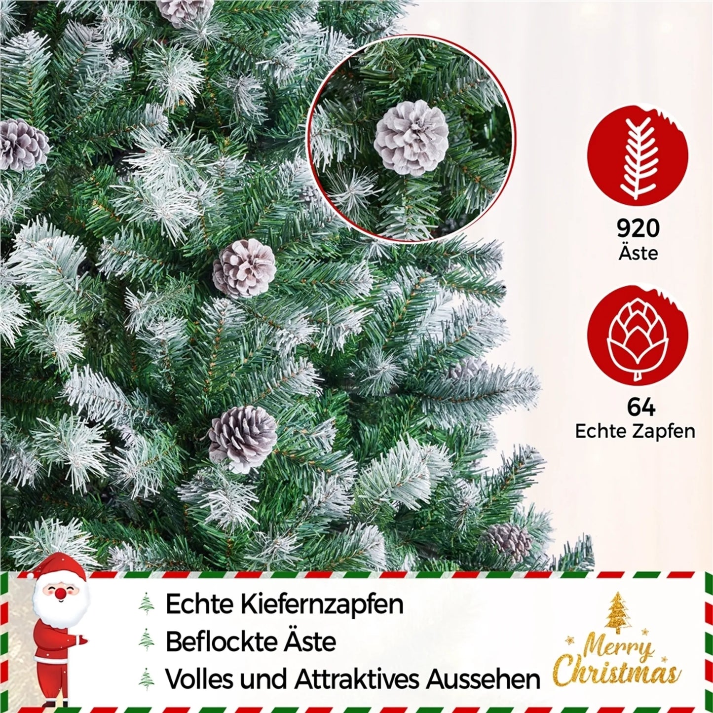Yaheetech Künstlicher Weihnachtsbaum verschneit - 183 cm - mit 920 Zweigen und natürlichen Tannenzapfen und klappbarem Metallständer - für drinnen und draußen - grünes PVC und Metall - 106 x 106 x 183 cm