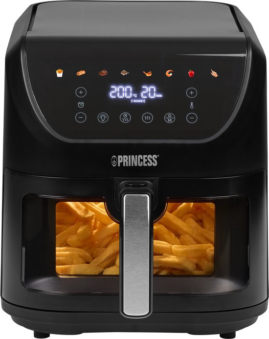Princess 182257 SlimFry Heißluftfritteuse – 8 l Fassungsvermögen – Transparentes Sichtfenster – Digitaler Touchscreen – 8 voreingestellte Programme – Kompaktes Design – 2000 W