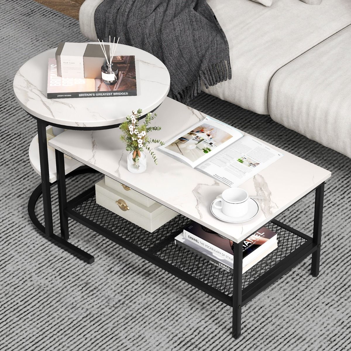 Coast Beistelltisch-Set – Couchtisch und Beistelltisch – Tischplatte in Marmoroptik – schwarz und weiß