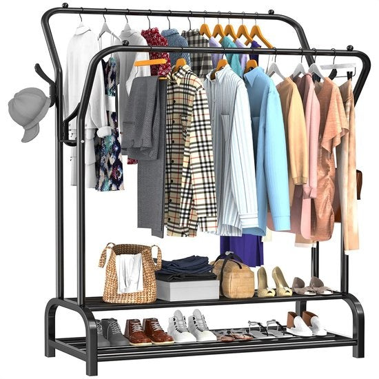 Avalo Industrial Clothes Rack Double Rod - Metall - 110x33x150 CM - Schwarz - Lagerung für Schuhe - Garderobe Rack mit Haken
