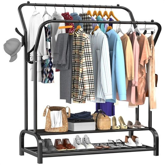 Avalo Industrial Clothes Rack Double Rod - Metall - 110x33x150 CM - Schwarz - Lagerung für Schuhe - Garderobe Rack mit Haken