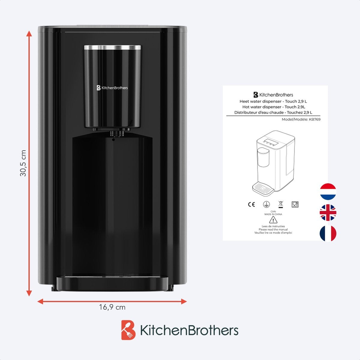 KitchenBrothers Heißwasserspender - 2.9L - Touch Display - Heißwasserhahn - 2600W - Schwarz