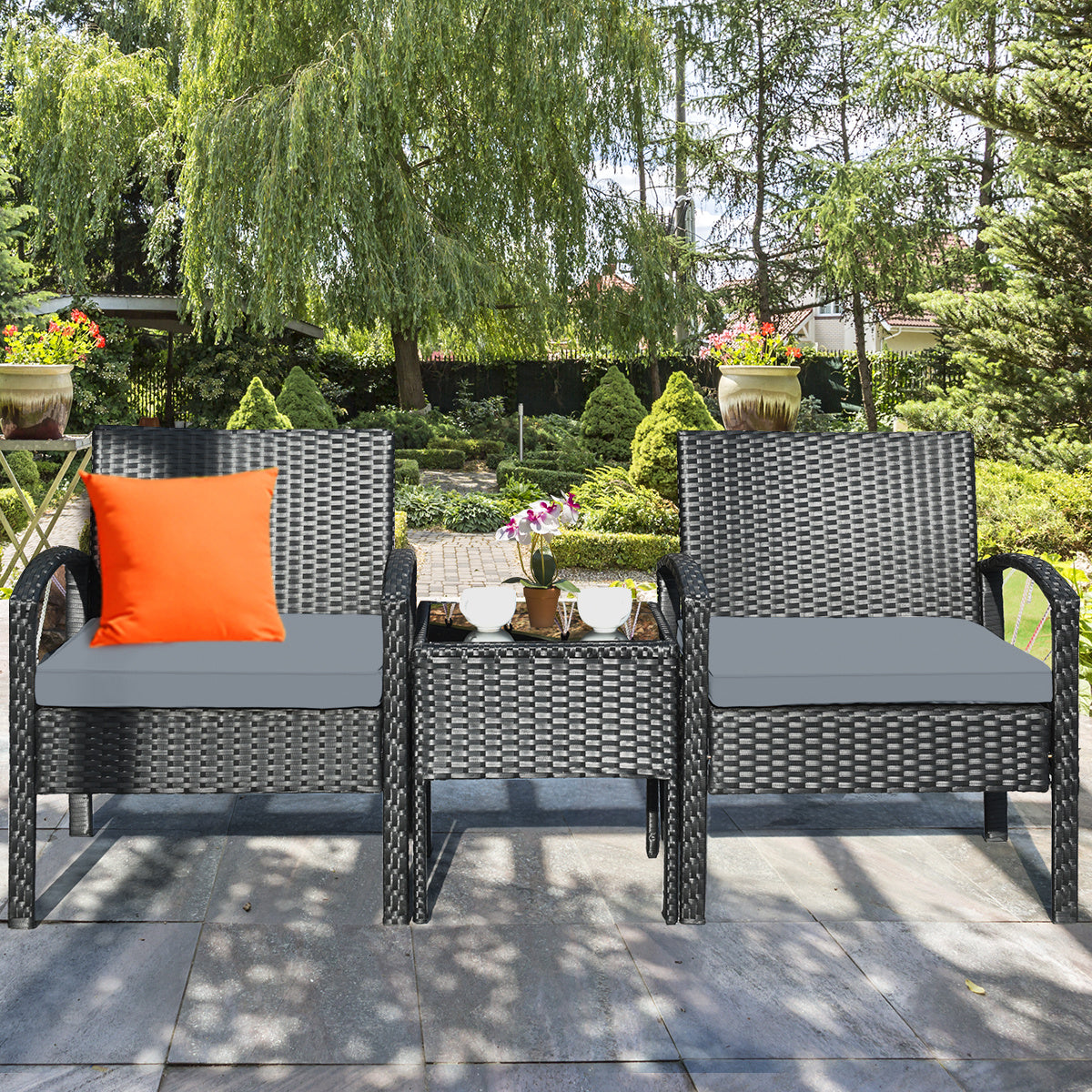 Coast 3-delige terras set Outdoor Rattan Set met zitkussen en salontafel Moderne meubelset grijs