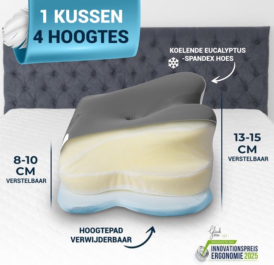 Glckstoff Orthopädisches Kissen – Ergonomisches Nackenschaumkissen gegen Nacken- und Rückenschmerzen, hypoallergen, verstellbar, ideal für Seiten- und Rückenschläfer, grau