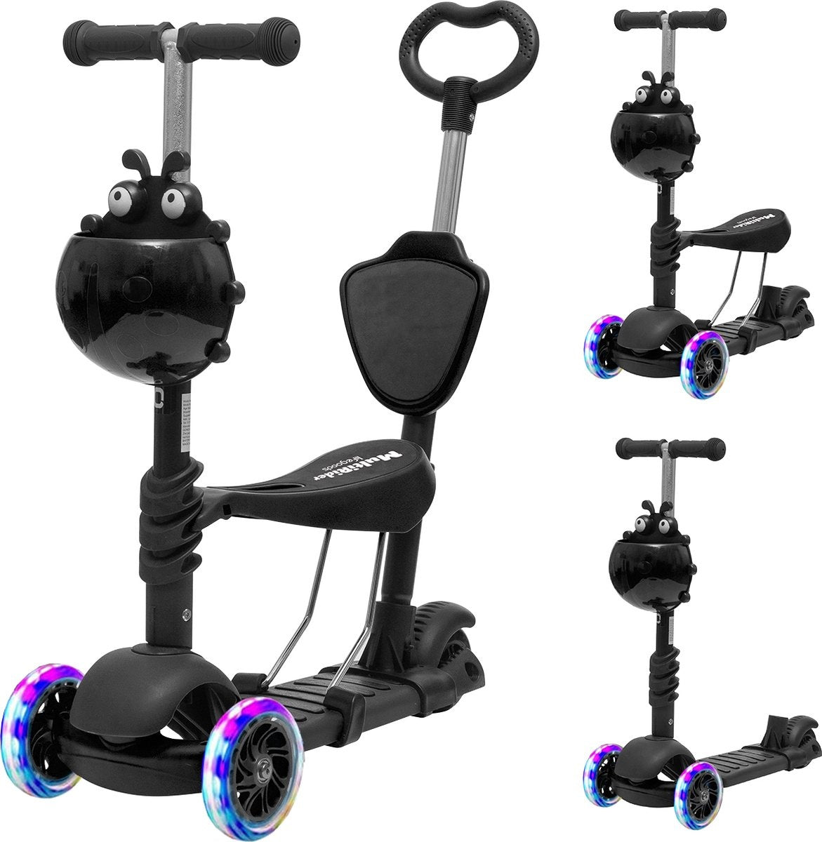 LifeGoods MultiRider - Kinder-Roller - Mit Schiebestange - 3 -8 Jahre - Jungen/Mädchen - 3 leuchtende Räder - Schwarz