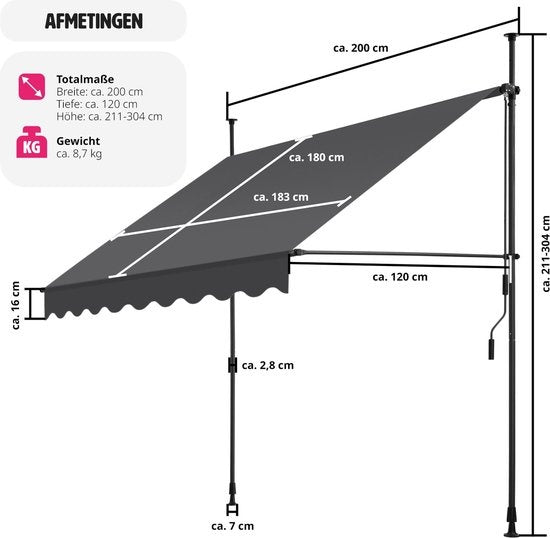tectake - Klemmmarkise - Sonnenschirm - Verstellbar - 200 x 180 cm - Anthrazit