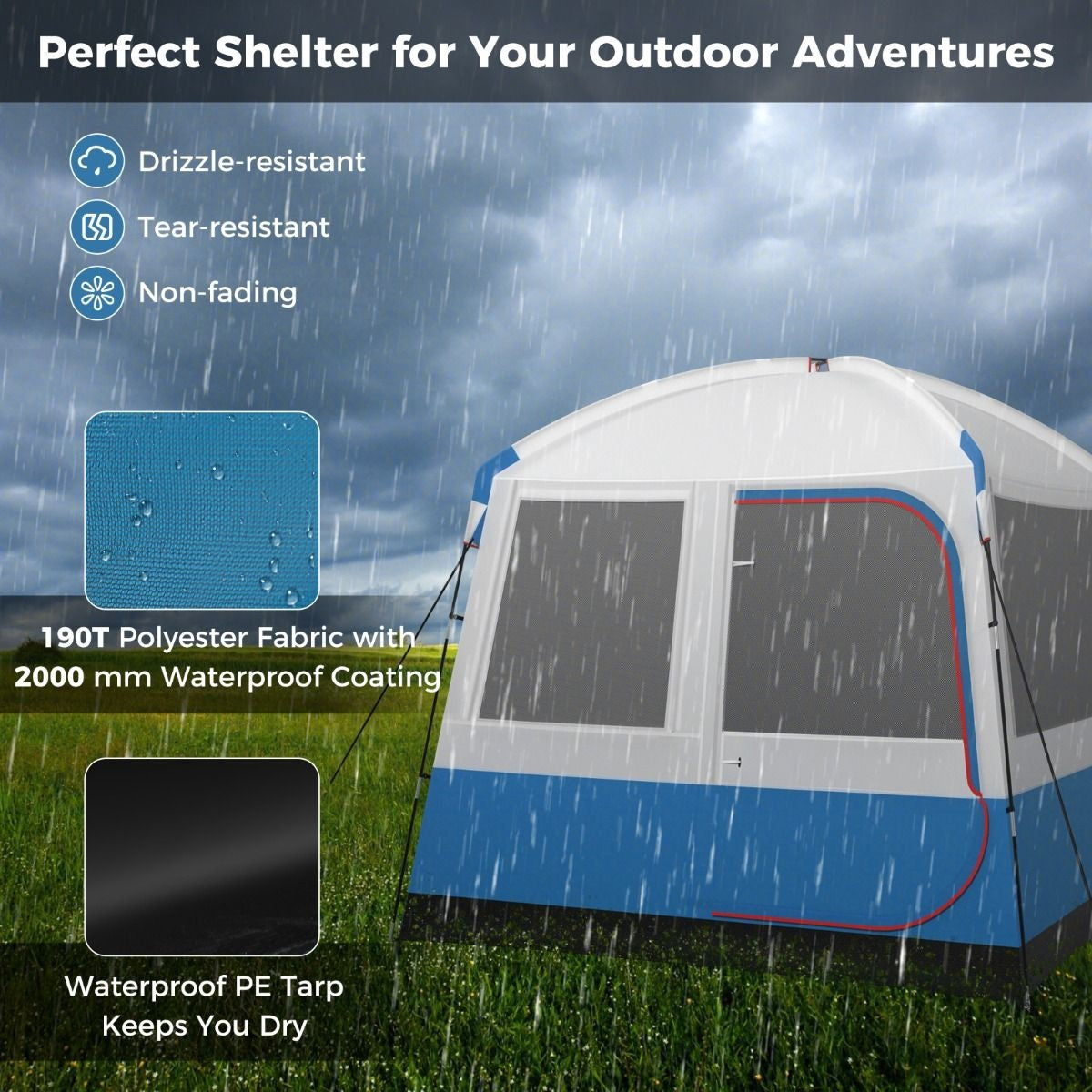 Coast Campingzelt für 5 Personen - Große Netztür und Bodenplane - Wasserdicht - 248 x 248 x 230 cm - Blau/Weiß