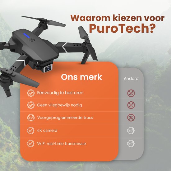 PuroTech Quad-Drohne 4K Kamera - Inklusive Tragetasche - 3 Batterien - 36 Minuten Flugzeit - Kein Flugschein erforderlich - Mini-Drohne - Erwachsene / Kinder - Indoor & Outdoor