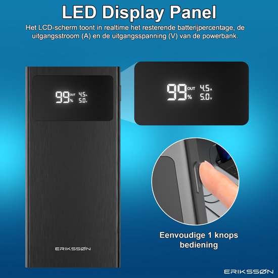Erikssøn Core Pro Charge Powerbank – 10.000 mAh – 22,5 W Schnelllader – USB-A/USB-C – LED-Anzeige – Universelle Powerbank, u. a. für iOS/Android geeignet