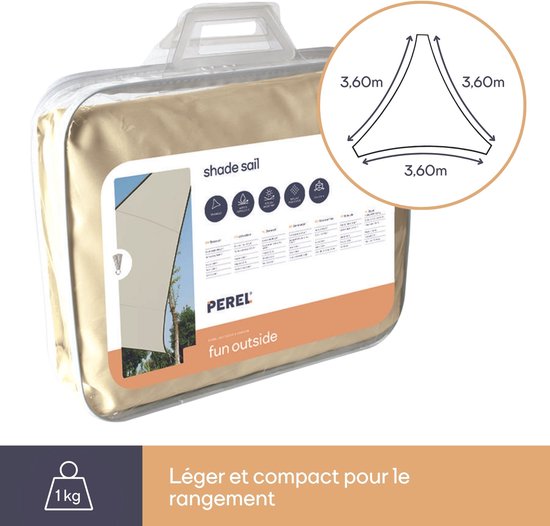 Perel Schattentuch, wasserabweisend, 3,6 x 3,6 x 3,6 m, 160 g/m², Polyester, Dreieck, creme