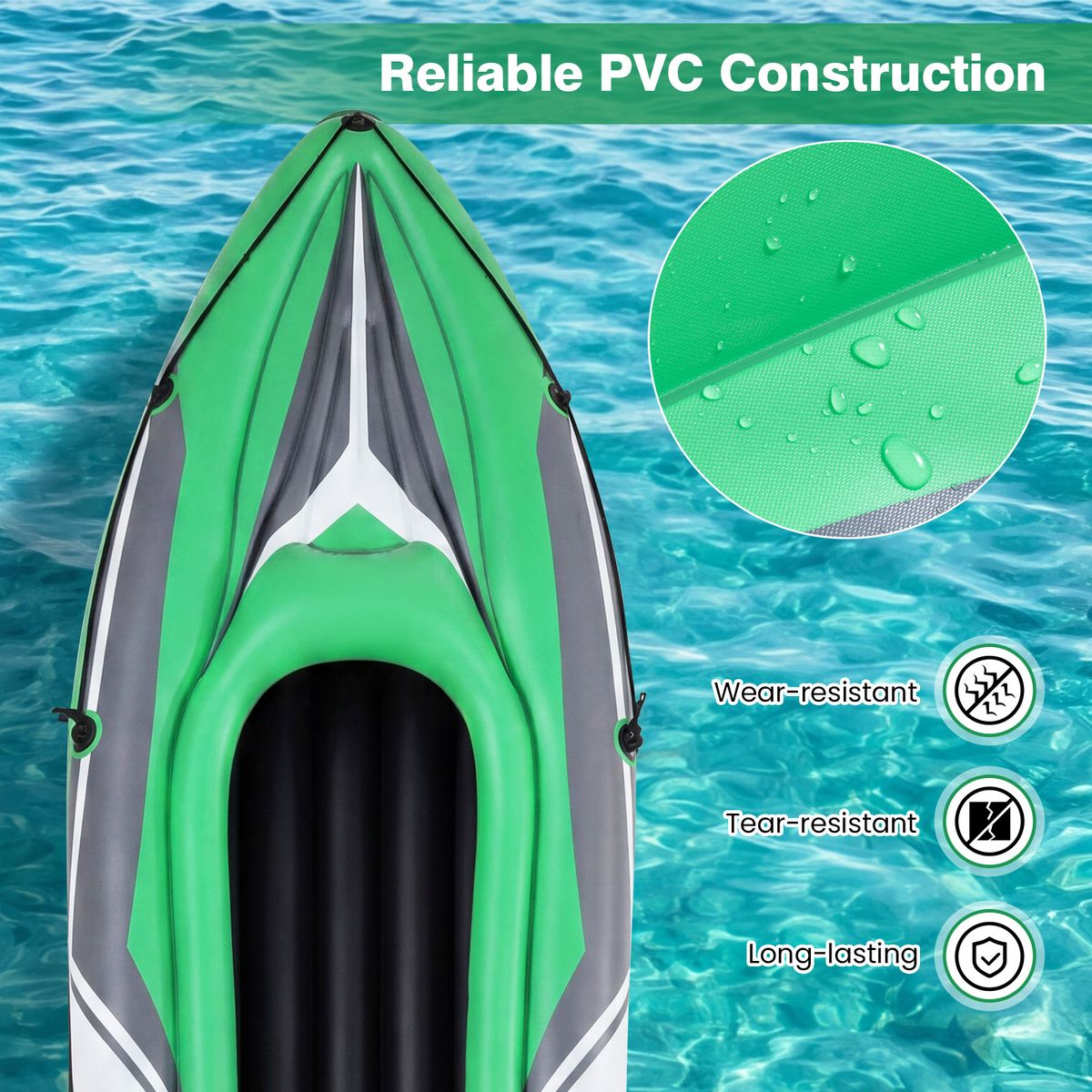 Coast aufblasbares Kajak für 2 Personen – verstärktes PVC – mit Aluminium-Paddeln und Rückenlehnen – grün/schwarz 350 x 78 x 47 cm