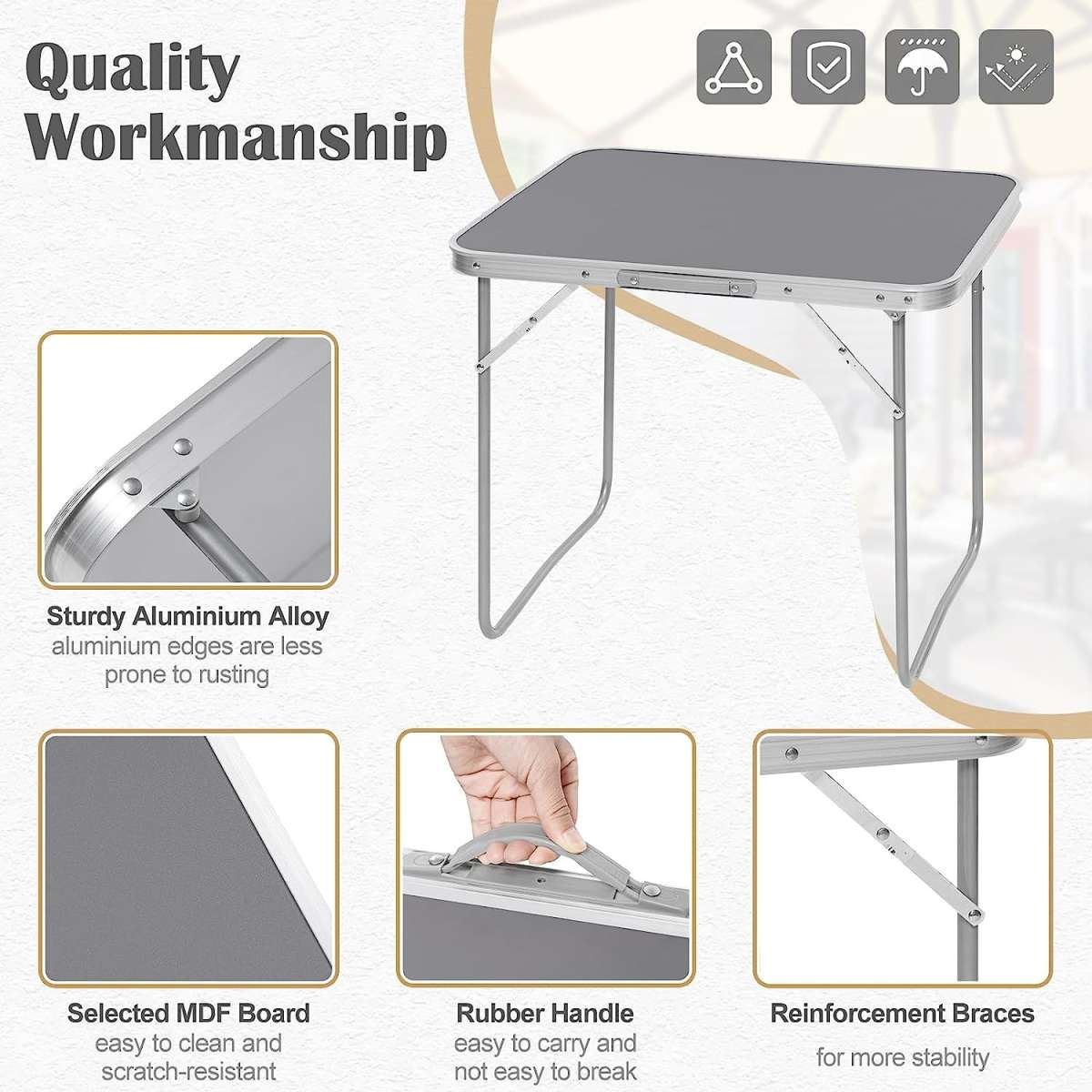 WOLTU Campingtisch 70 x 60 x 50 cm – zusammenklappbar – Tragegriff – Aluminium/MDF – grau