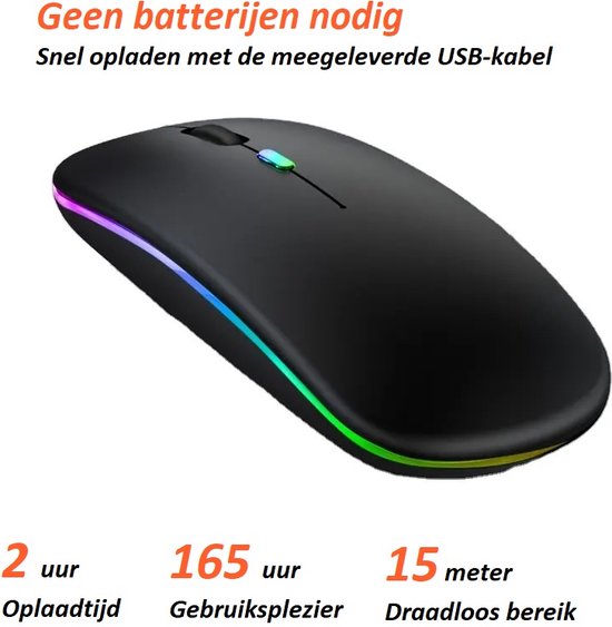 Kabellose LED-Bluetooth-Maus - Ergonomisch - RGB - Laptop und Gaming - Kabellos - Schwarz
