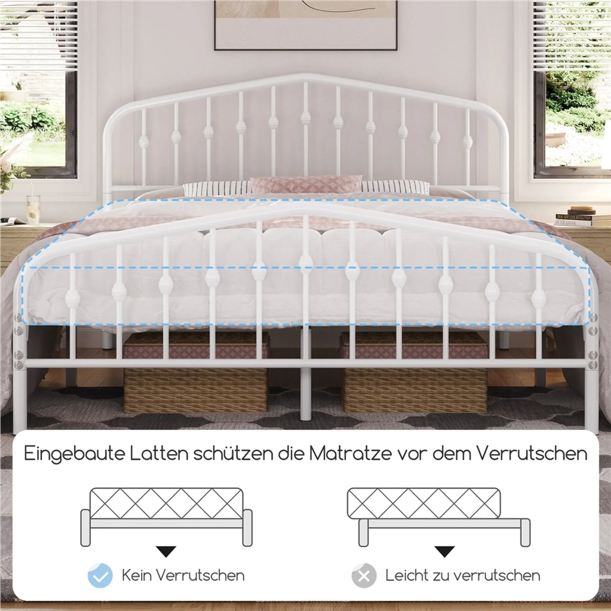 Yaheetech Klassisches Metallbett mit hohem Kopfteil 160 x 200 cm – Weiß – Metall
