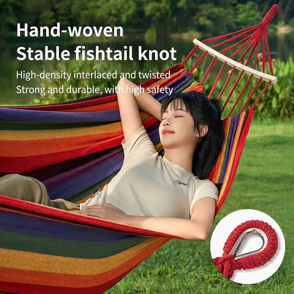 ochama x J.ZAO Doppelte Camping-Hängematte 200 × 150 cm – Rainbow – 150 kg Tragkraft – Holzspreizstangen – inklusive 2 Gurten