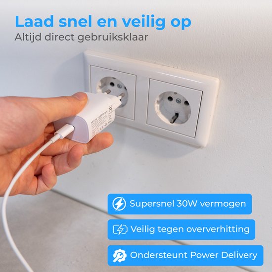 Nuvance USB-C-Adapter – 30-W-Schnellladegerät – inkl. 2 m langem 60-W-Kabel – USB-C – Ladegerät – USB-C auf USB-C – Ladekabel – Weiß