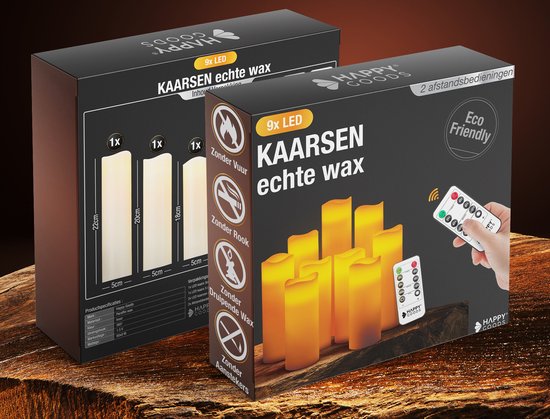 Happy Goods® - 9-teiliges Led-Kerzen-Set - ECHTES WACHS - 2 Fernbedienungen - bewegliche Flamme