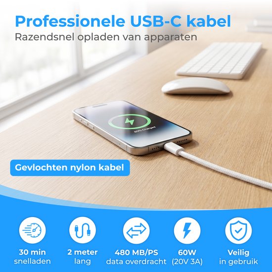 Nuvance USB-C-zu-USB-C-Kabel – USB-C-Ladegerät – 2 Meter – USB-C-Schnellladegerät – geflochtenes Nylon – 60 W – 480 Mbit/s – Weiß