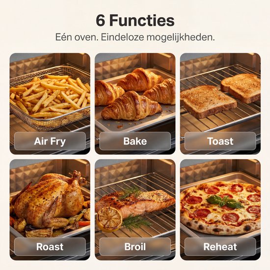 Safecourt 6-in-1 Airfyer Ofen - 100% PFAS-frei - 6 Programme - 80 bis 230 Grad - Airfryer, Backen, Braten, Toasten, Grillen & Aufwärmen - Beige