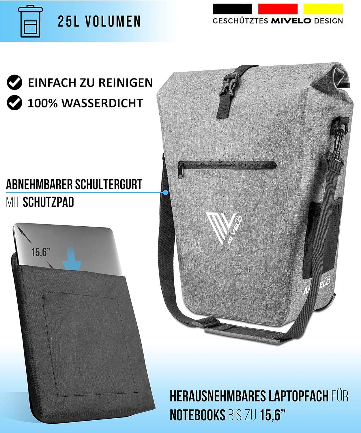 MIVELO Packtasche - Wasserdicht - 25L - Mit Laptopfach und Schultergurt - Grau