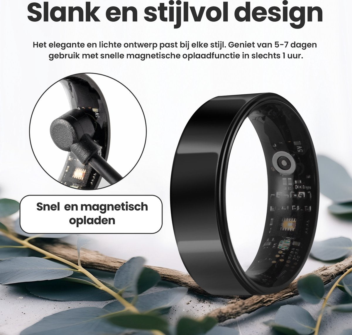 Saaf Smart Ring - Schwarz - Größe 8 - Schlanker Activity Tracker für Frauen und Männer