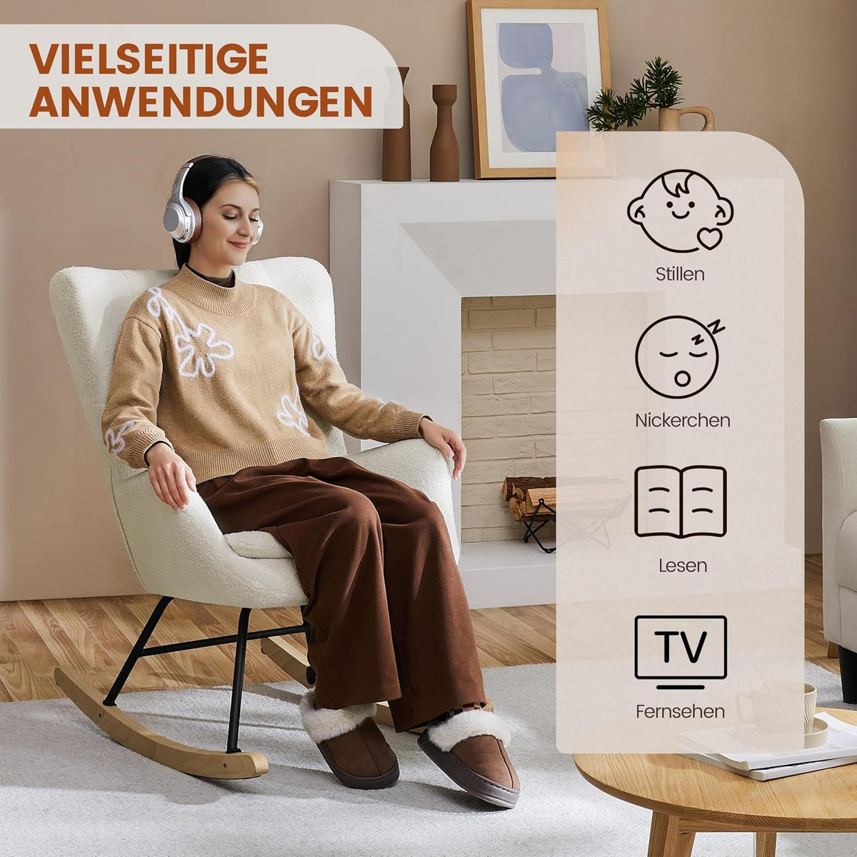 Yaheetech Schaukelstuhl Boucle Weiß mit klappbarer Rückenlehne – 82,5 x 70 x 95,5 cm