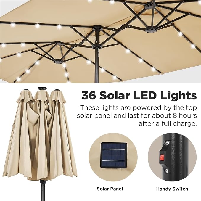 Yaheetech Doppel-Sonnenschirm 15FT mit Solar-LED-Beleuchtung und Fuß – Beige – Extra großer Gartenschirm mit Sandsäcken