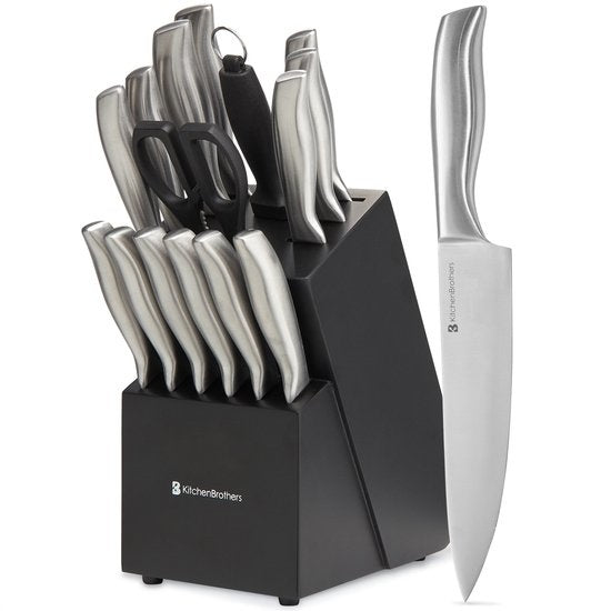 KitchenBrothers Messerset - Messerblock - 16-teilig - mit Schere und Wetzstahl - Silber/Edelstahl
