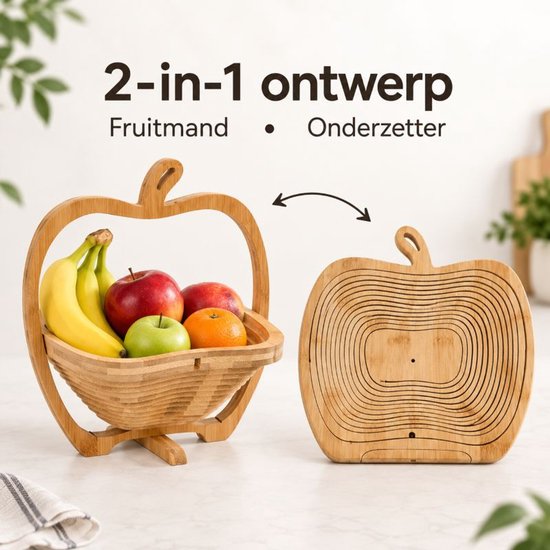 Ceruzo Obstkorb, zusammenklappbar – Bambus – 27 x 22 x 30 cm – 2-in-1 – Obstkorb und Untersetzer