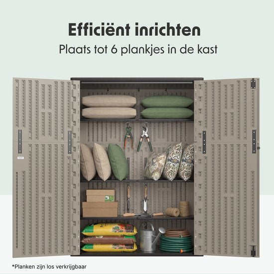 LifeGoods Gartenschrank Vertikal - 1340L - Aufbewahrungsschrank - Wasserdicht & UV-beständig - Gartenbox - Taupe