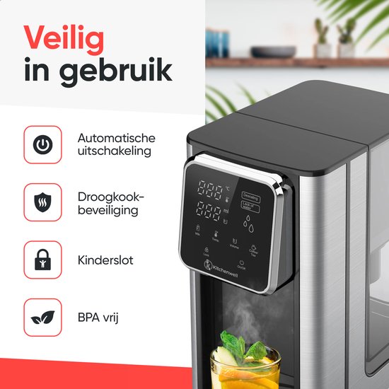 Kitchenwell - Heißwasserspender 3l - 2600W - Touch Display - Milchfunktion - Wasserkocher - Edelstahl/Schwarz