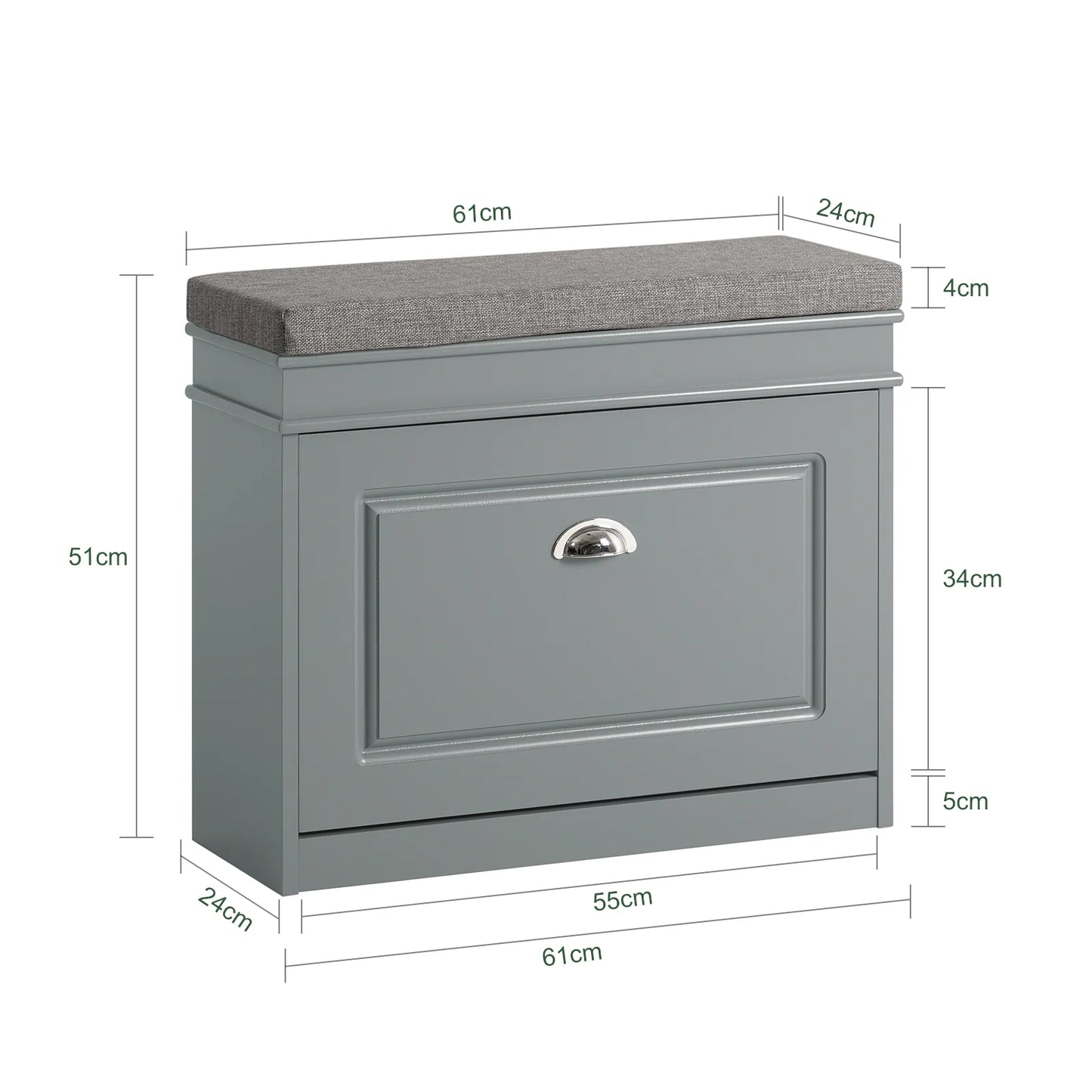 SoBuy FSR82-K-HG Graue Flurbank mit Klapptür und Sitzkissen – Schuhablage 60×24×51 cm