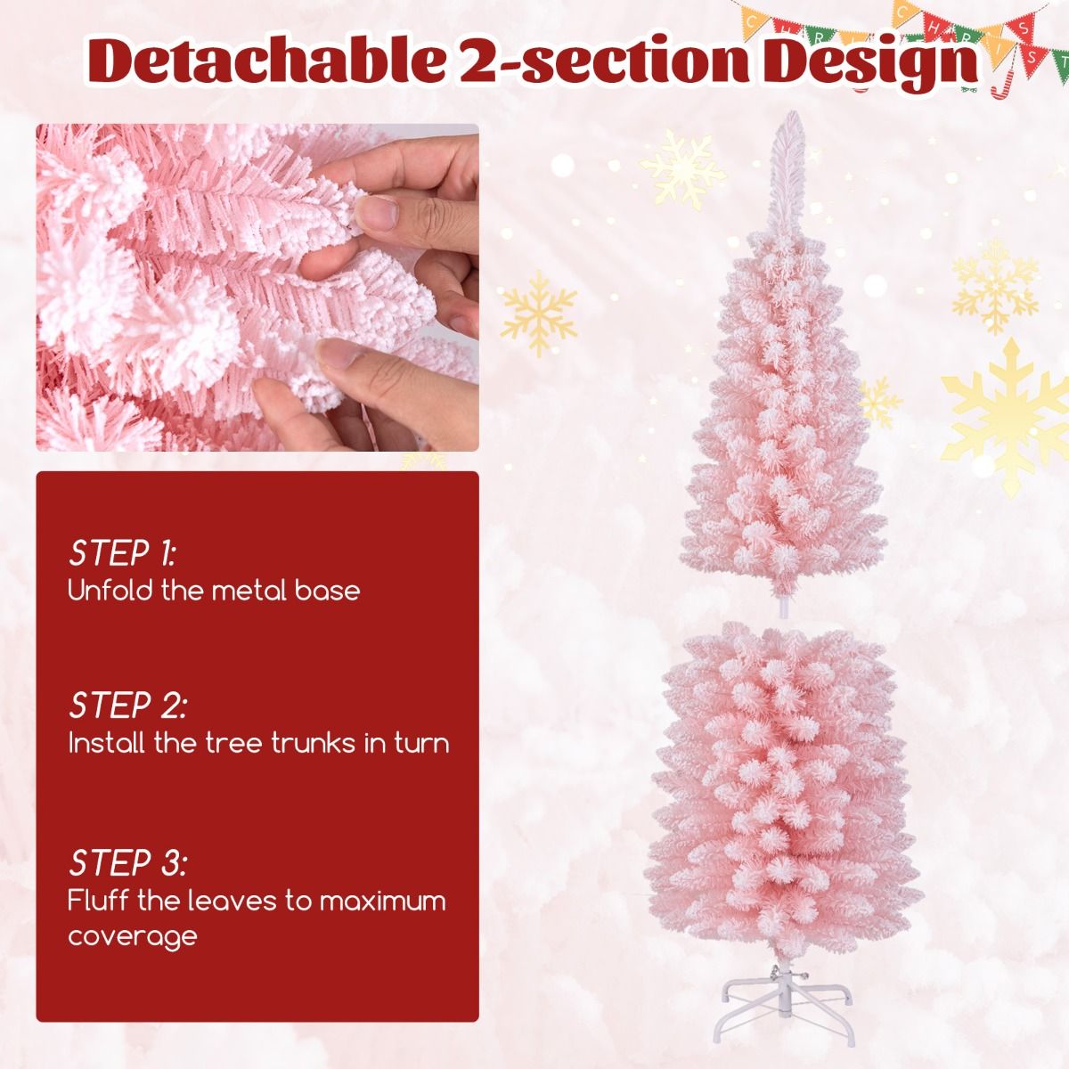 Künstlicher Weihnachtsbaum Coast - 150 cm - Rosa - verschneit - schlankes Design - 328 Zweigspitzen - Metallständer