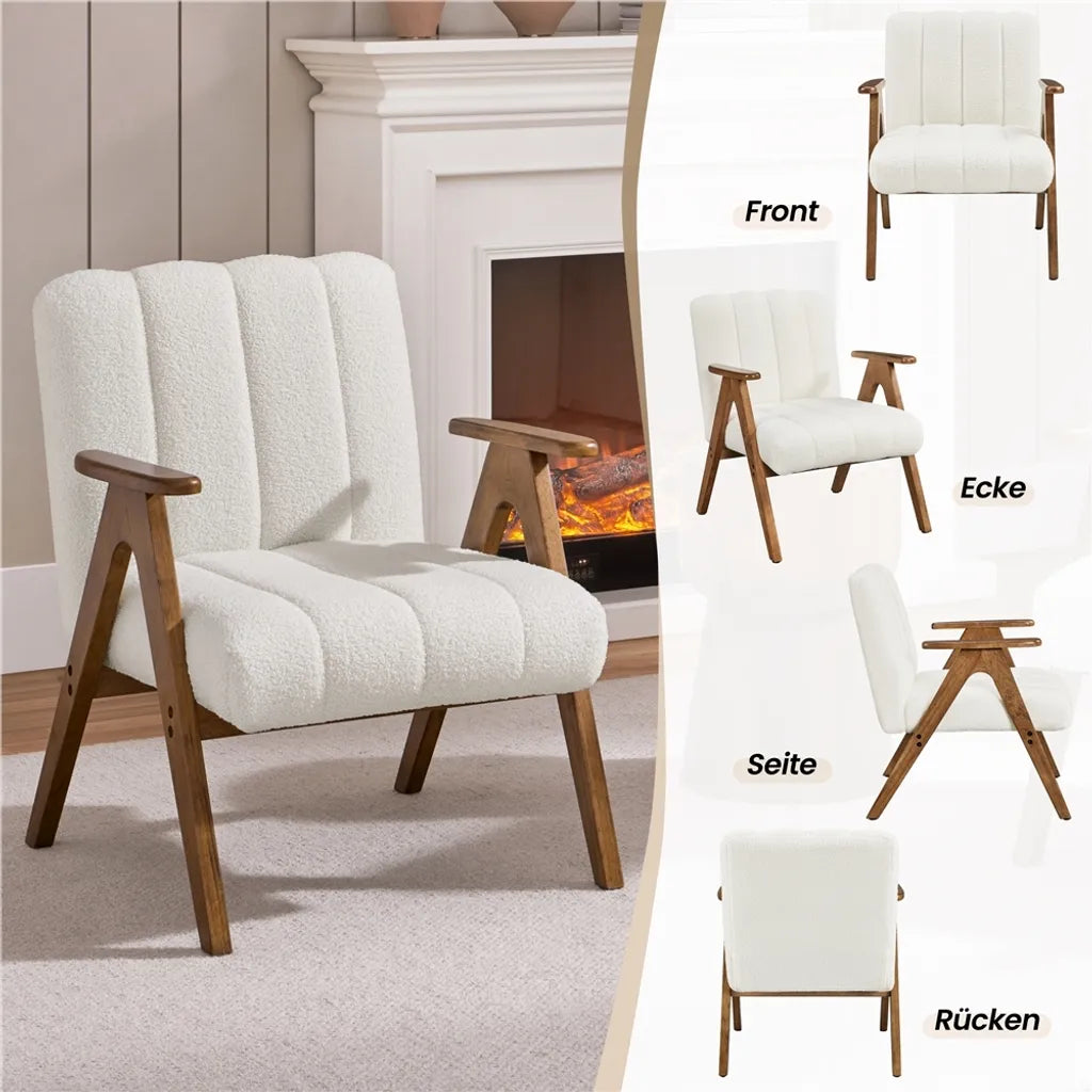 Yaheetech Sessel Weiß - Bouclé Lounge Chair mit Armlehnen und Holzbeinen - 60,5 x 68,5 x 73 cm