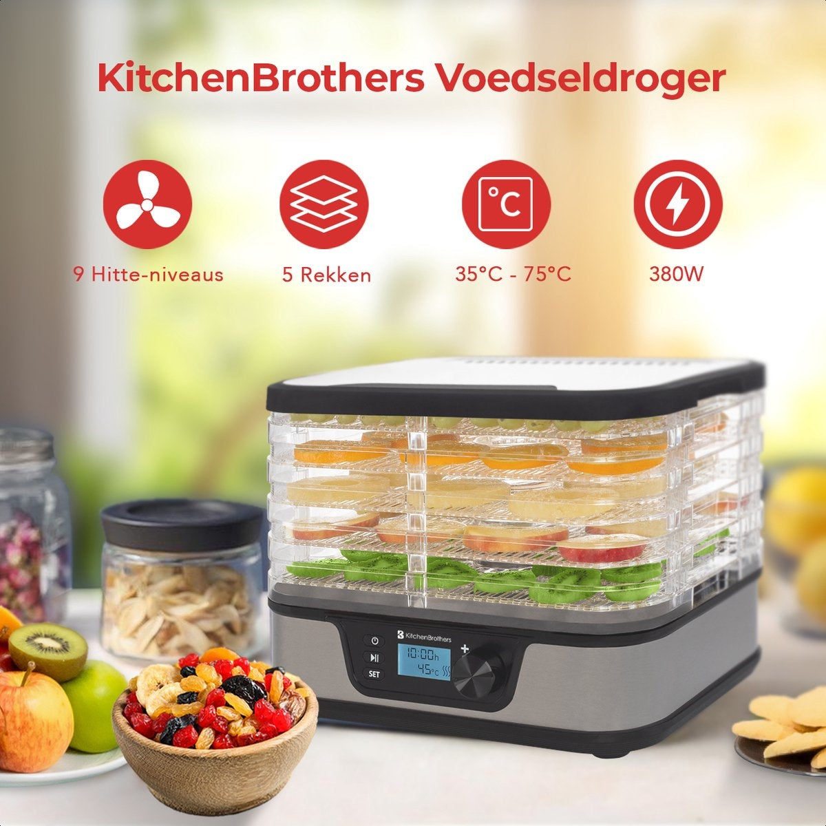 KitchenBrothers Dörrgerät - Elektrisch 380W - 5 Schichten - 9 Heizstufen - 35Â°C bis 75Â°C - LCD Display - Timer - Edelstahl/Schwarz