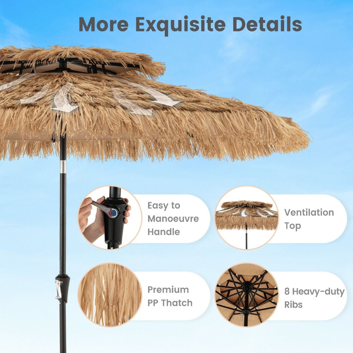 Coast Hawaiian Wicker Tiki Parasol 267x247 cm - Natürlicher Terrassen-Sonnenschirm mit Kurbel, Kippmechanismus & 8 stabilen Ballen