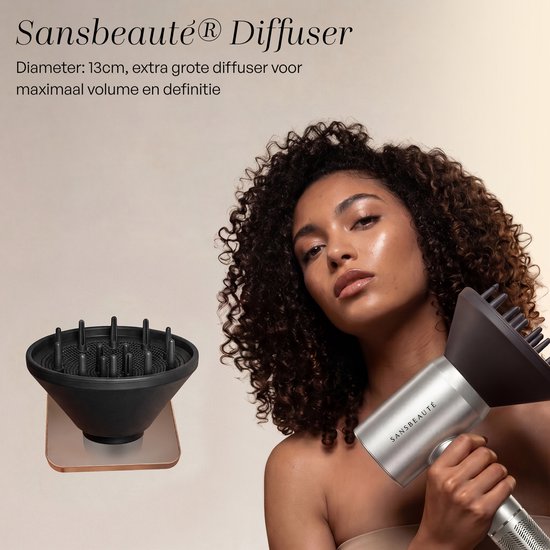 Sansbeauté® Haartrockner mit Diffusor – Locken – 110.000 U/min - Ionen-Haartrockner mit Bürste – 3 Stufen – 3 Aufsätze – Reisehaartrockner – Sèche Cheveux – Locken-Haartrockner-Set – Haartrockner mit Diffusor – Hair Blow Dryer – Friseur-Haartrockner – 200