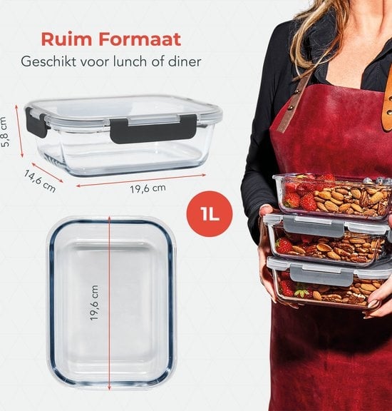 KitchenBrothers Meal Prep Trays - Frische-Schalen-Set - luftdicht - BPA-frei - 1L - Glas - 10 Stück