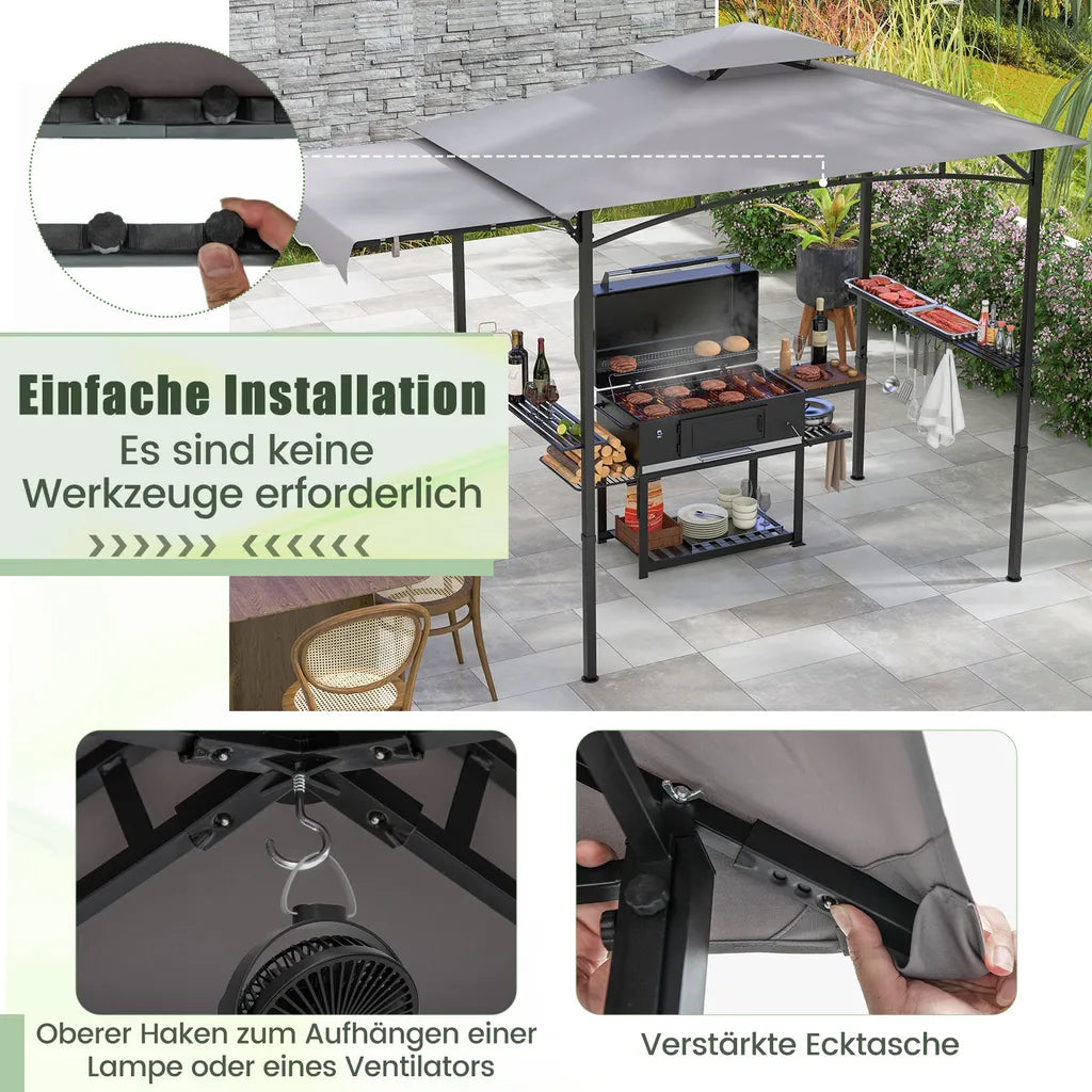 Coast wetterfester Grillpavillon 318 × 153 × 250 cm – Grillüberdachung mit Seitenmarkise, Doppeldach, Seitentischen, Haken und Flaschenöffner – Grau/Schwarz