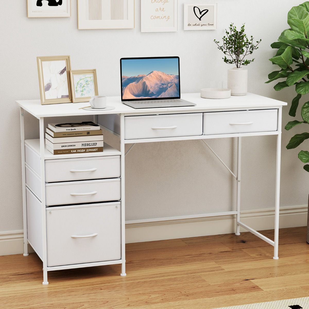 Coast Computertisch – mit Stauraum und offenem Regal – 5 Stoffschubladen – Metallgestell – 120 x 50 cm – Café & Schwarz