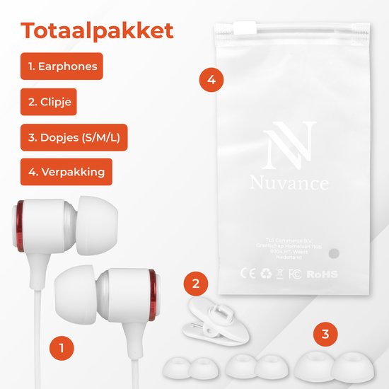 Nuvance - Ohrhörer mit Kabel - 3,5-mm-Klinkenanschluss - Ohrhörer mit Kabel - In-Ear-Kopfhörer mit Kabel und Mikrofon - Weiß
