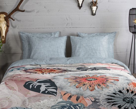 Flanell Bettbezug 200x200 cm - Blumen und Blätter Druck - Grau/Rosa - 2 Personen - 100% Baumwolle Flanell