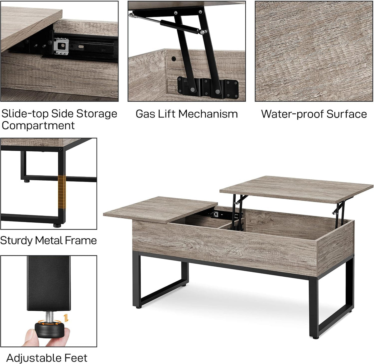 Yaheetech Couchtisch mit hochklappbarer Platte und verstecktem Stauraum – 105 x 50 x 61 cm – Grau